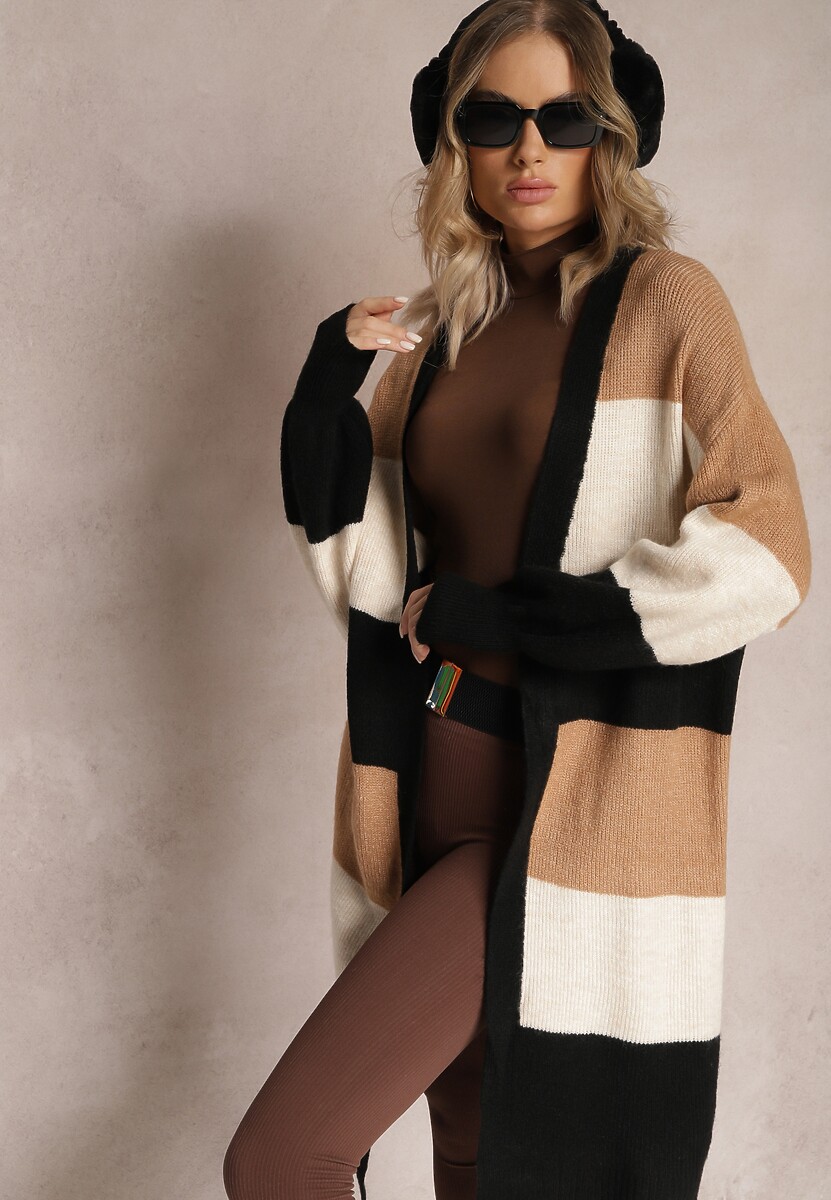 Fioletowy Luźny Kardigan Niezapinany w Paski Blikoze