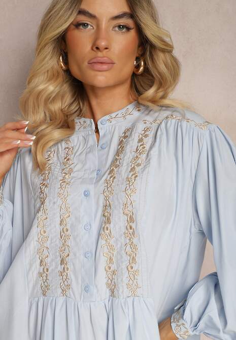 Niebieska Haftowana Sukienka Midi o Pudełkowym Fasonie z Długim Rękawem Rosen