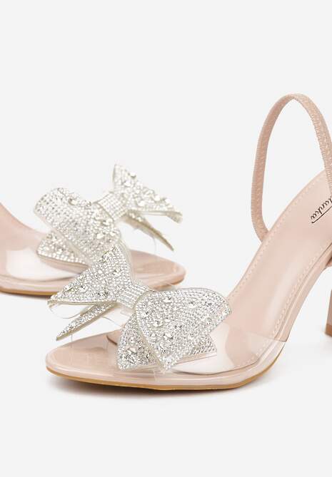 Beżowe Transparentne Sandały na Klepsydrowej Szpilce z Kokardą i Cyrkoniami Feralia