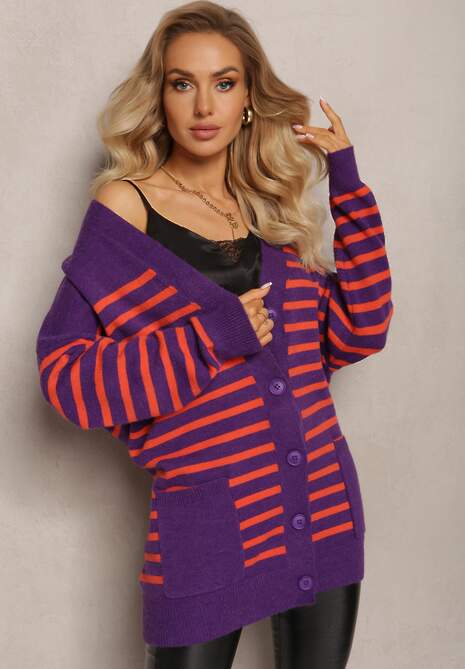 Fioletowy Kardigan w Paski o Wydłużonym Fasonie z Dekoltem V Zapinany na Guziki Ravime