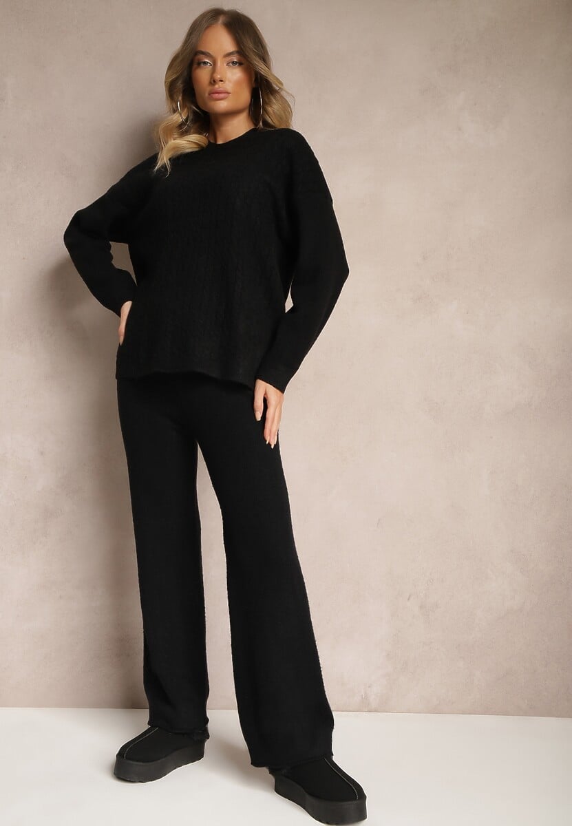 Czarny Komplet Dzianinowy z Bawełną Spodnie o Szerokim Kroju Sweter z Kapturem Siaira