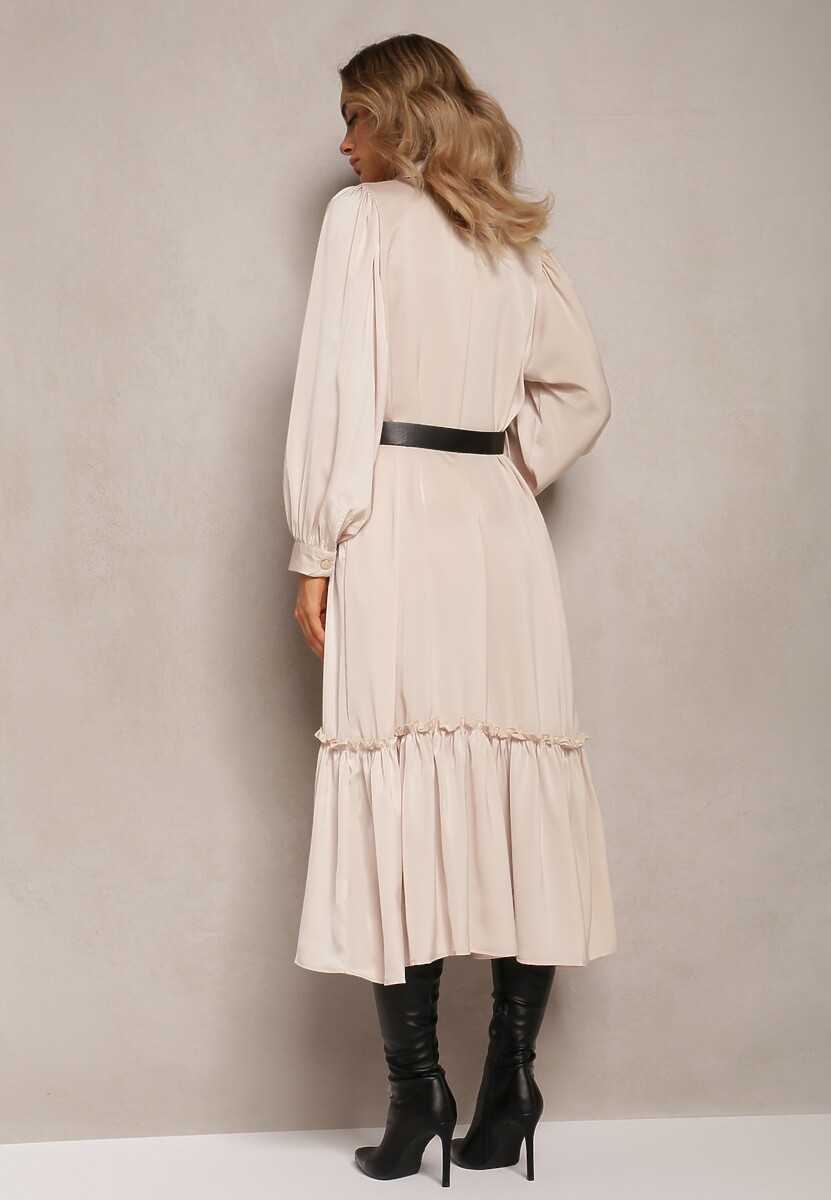 Beżowa Koszulowa Sukienka Midi z Paskiem i Ozdobną Falbanką Mulimani