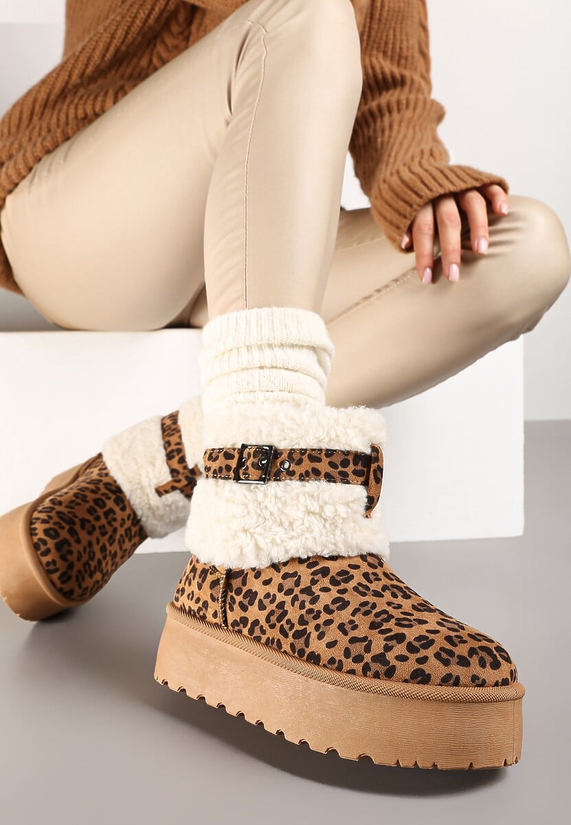 Brązowe Śniegowce na Platformie Ozdobione Wzorem w Panterkę Metaliczną Klamrą i Futerkiem w Stylu Baranka Anelavia