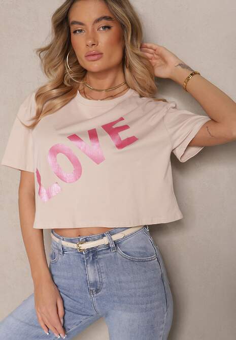 Ciemnobeżowy Krótki T-shirt Oversize z Bawełny z Ozdobnym Napisem Sanillva