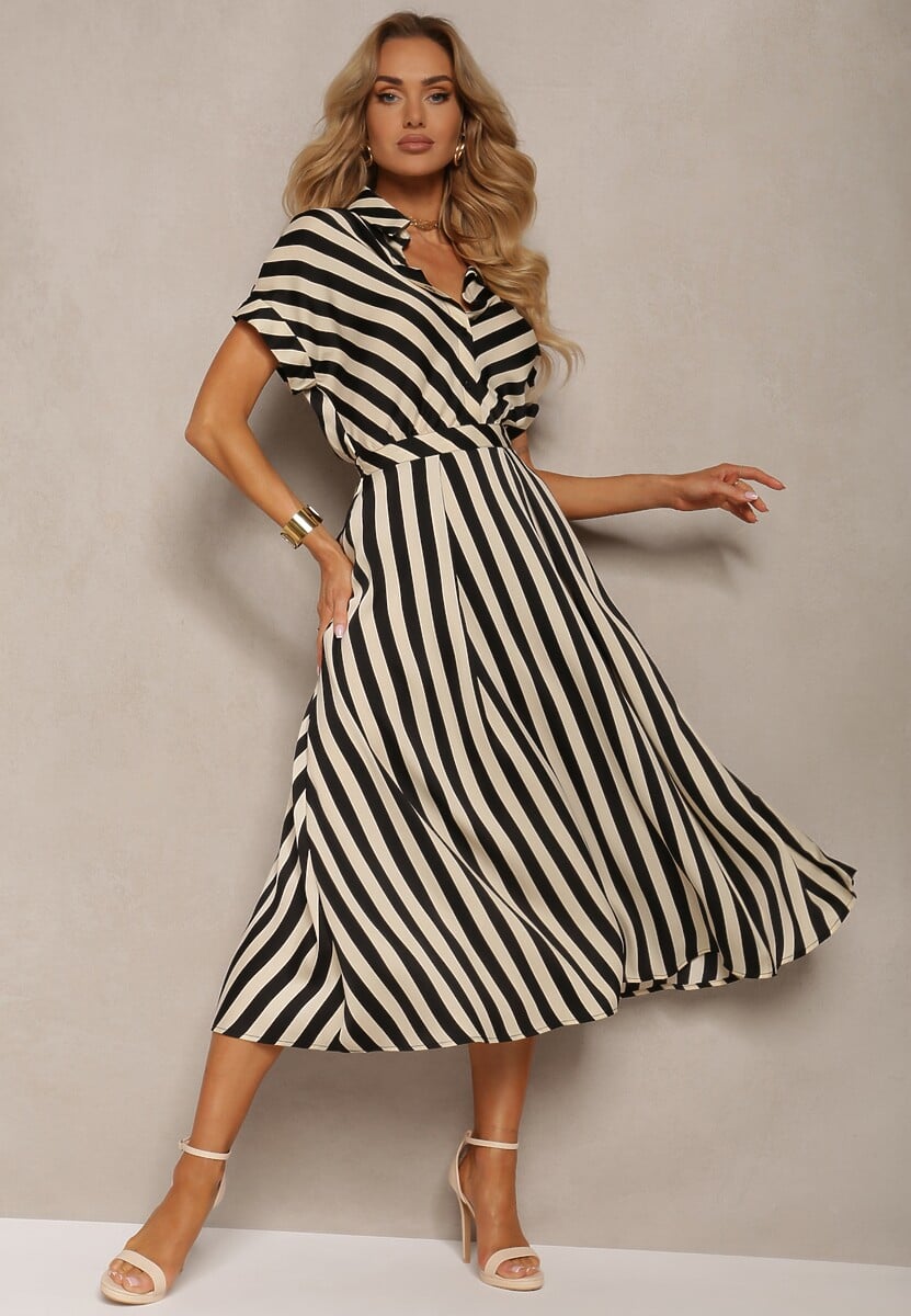 Beżowo-Czarna Rozkloszowana Sukienka z Gumką w Talii i Guzikami z Printem w Paski Jentia