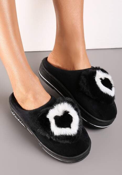 Czarne Kapcie na Grubej Podeszwie z Futrzaną Aplikacją Phoenix