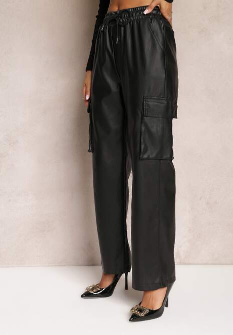Czarne Szerokie Spodnie w Stylu Cargo z Kieszeniami na Klapy Mixana