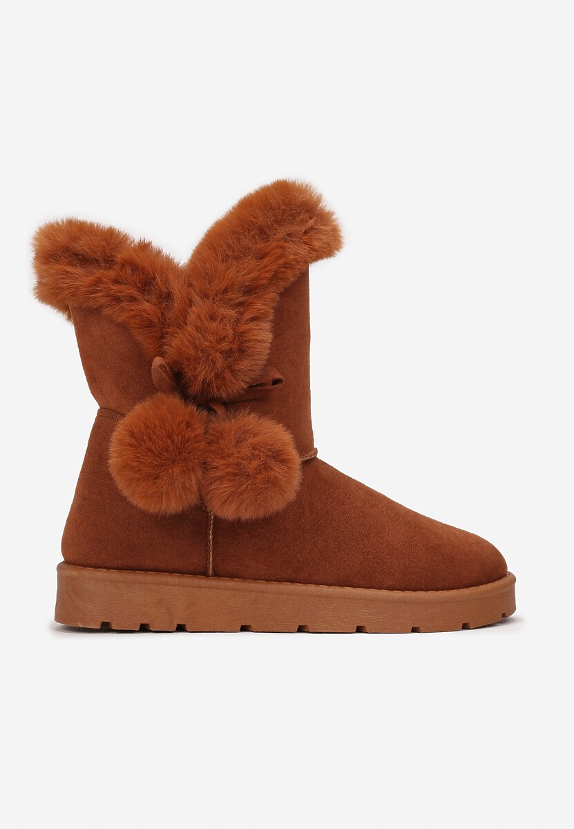 Brązowe Śniegowce z Futerkiem i Pomponami Teido