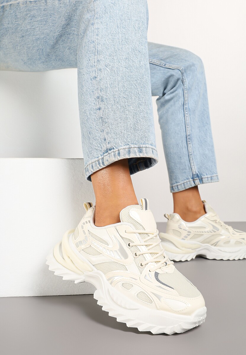 Beżowe Sneakersy na Platformie z Tłoczeniem i Siateczkowymi Wstawkami Galoria