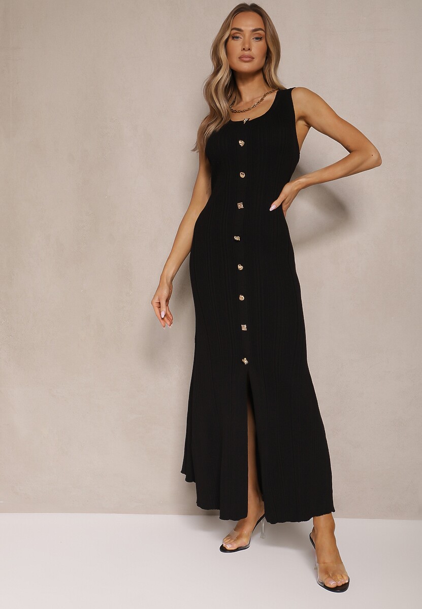 Czarna Sweterkowa Sukienka z Wiskozy Ozdobiona Guzikami Lunioris