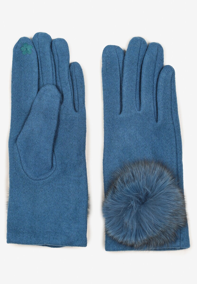 Niebieskie Rękawiczki z Bawełną Ozdobione Futrzanym Pomponem Nadelina