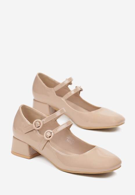 Beżowe Lakierowane Czółenka z Zapięciem na Sprzączki na Niskim Obcasie Vinella
