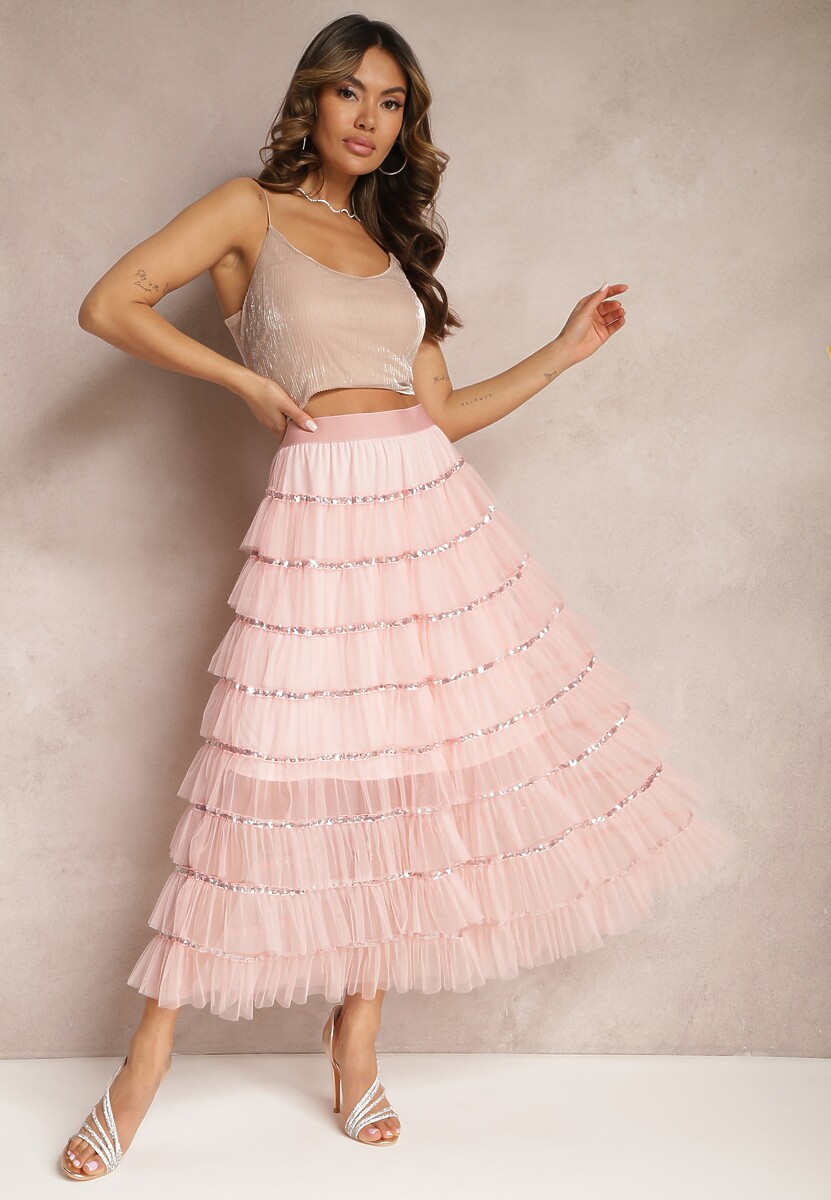 Czarna Rozkloszowana Spódnica Maxi z Falbankami i Cekinami Noobi