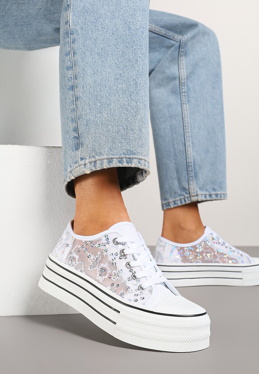 Szare Trampki Vices z Siateczki z Cekinami na Grubej Podeszwie Telanila