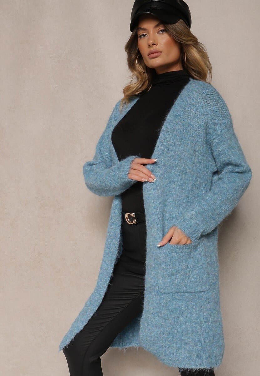 Niebieski Kardigan Niezapinany z Wełną i Kieszeniami Miathinae