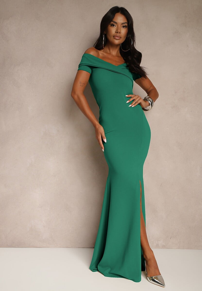 Jasnozielona Sukienka Koktajlowa Typu Hiszpanka z Rozcięciem na Nogę Hallomea