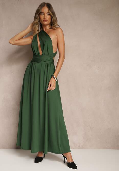 Ciemnozielona Sukienka Koktajlowa Multiway z Wiskozą Wiązana na Szyi Lilovea