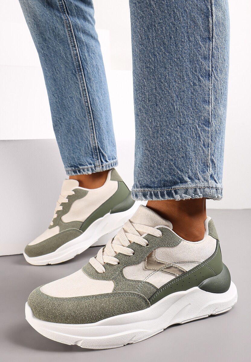 Ciemnobeżowe Sneakersy na Grubej Podeszwie z Ozdobnymi Wstawkami Alechan