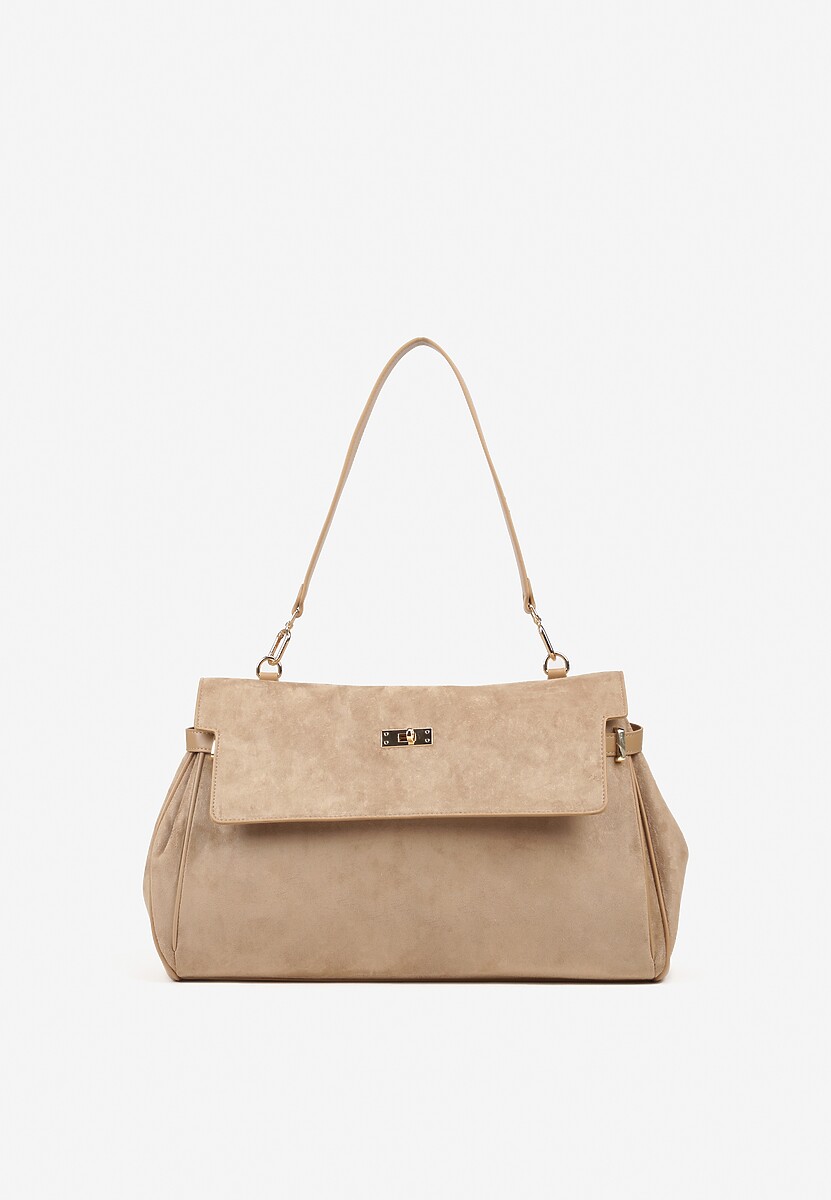 Beżowa Duża Torebka Listonoszka z Imitacji Zamszu na Ramię Sialenne