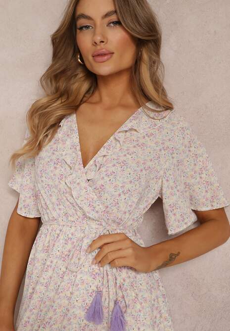 Różowo-Fioletowa Sukienka Midi z Falbankami Kopertowym Dekoltem i Gumką w Pasie Denila