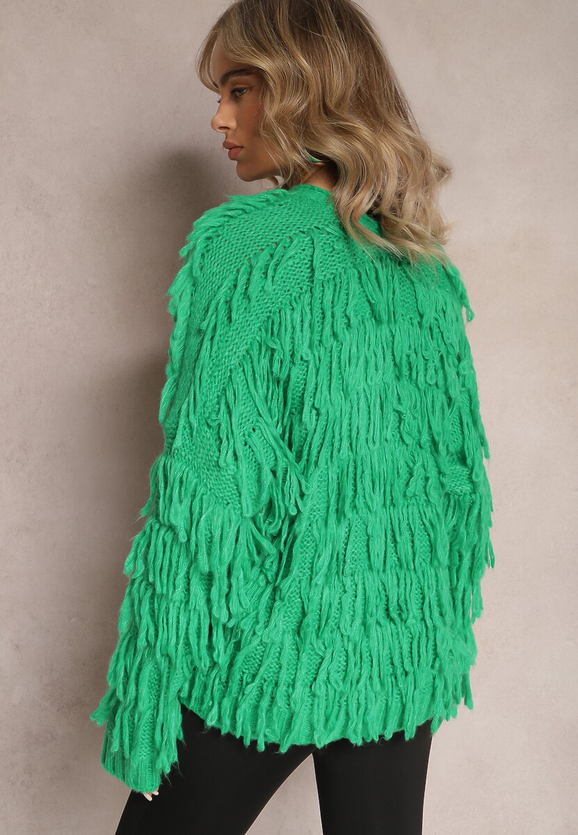 Zielony Niezapinany Kardigan z Frędzlami Segentri