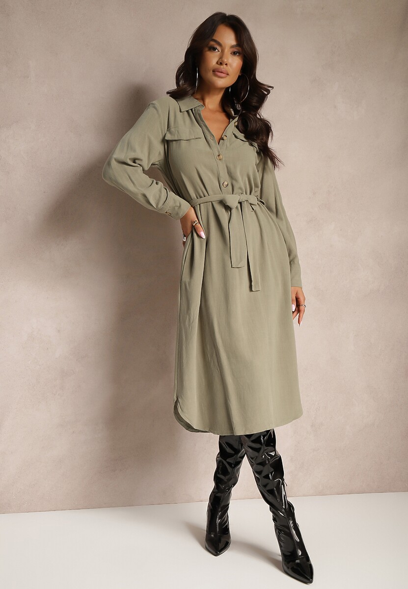 Czarna Sukienka z Bawełny o Koszulowym Kroju Wiązana w Talii Zinrose