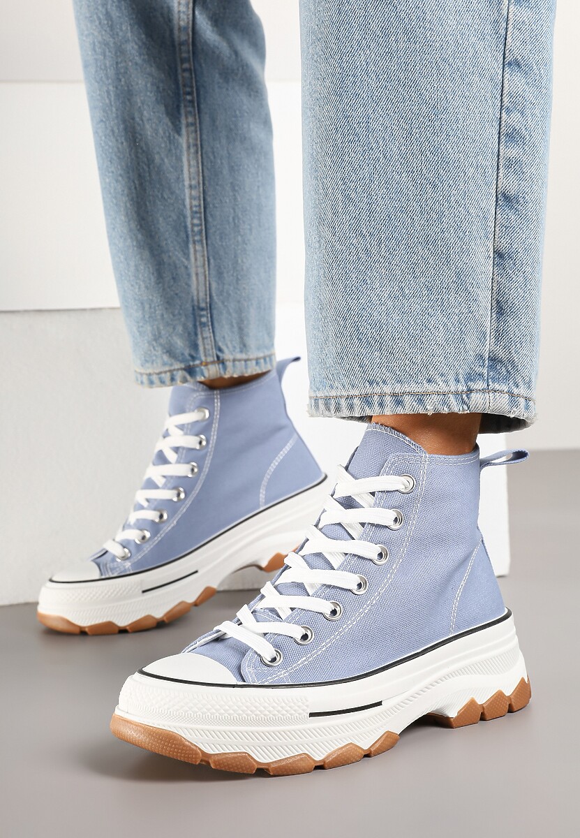 Niebieskie Trampki na Platformie z Tłoczeniem i Wysoką za Kostkę Polnelis