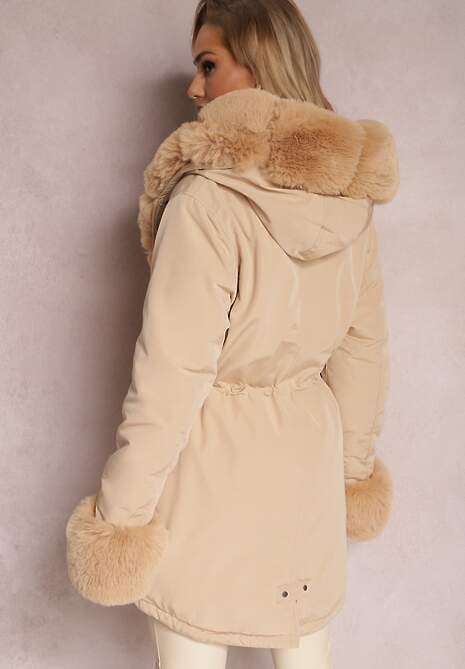 Beżowa Kurtka Parka ze Ściągaczem i Kapturem z Futerkiem Bellad