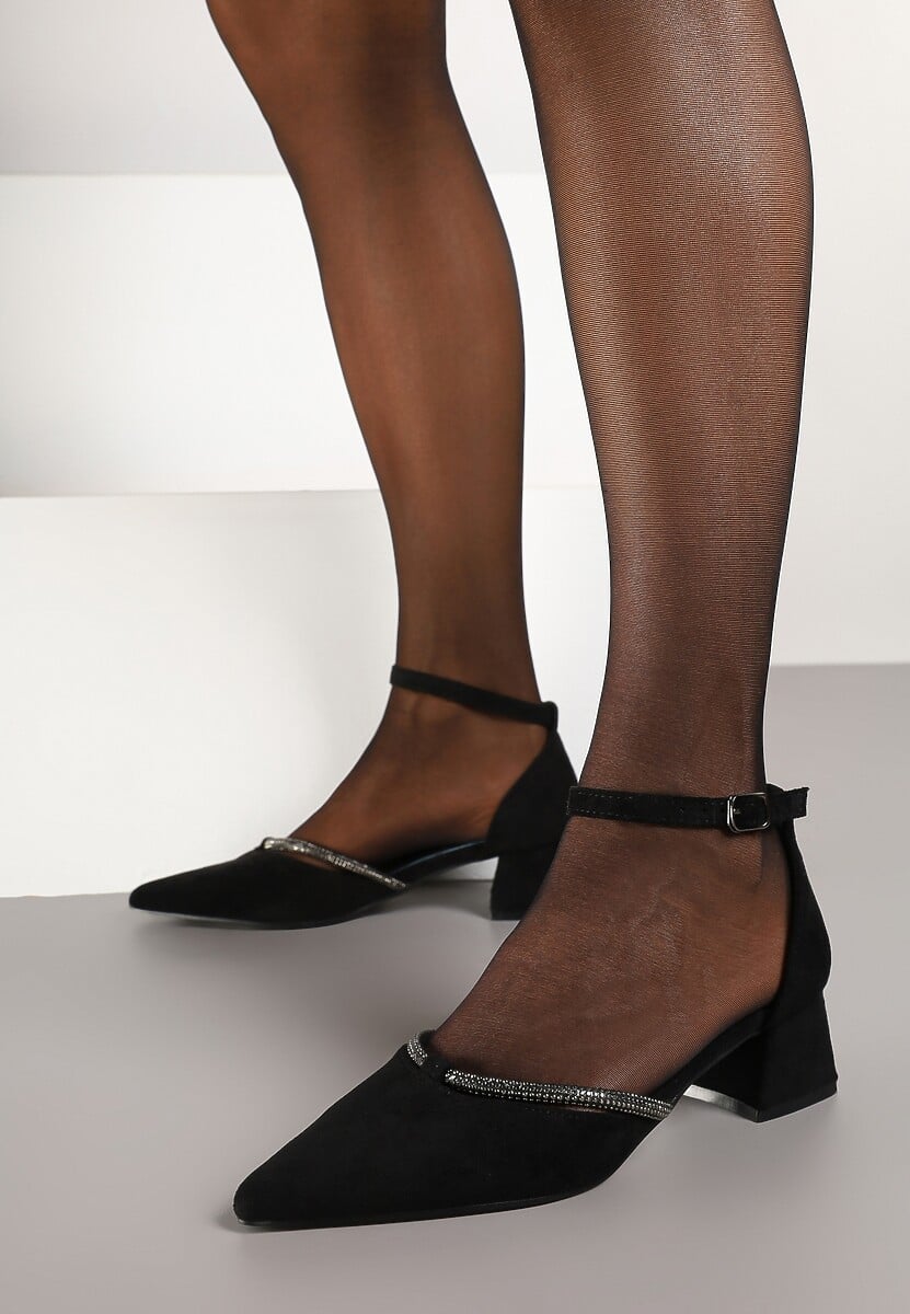 Czarne Czółenka Vices na Słupku z Wkładką ze Skóry Naturalnej i Cyrkoniami Learetha