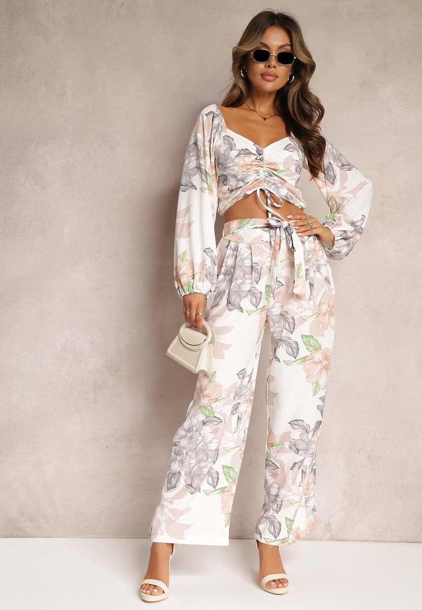 Czarny 2-częściowy Komplet Bluzka z Długim Rękawem Szerokie Spodnie z Gumką w Pasie w Kwiaty Calaq