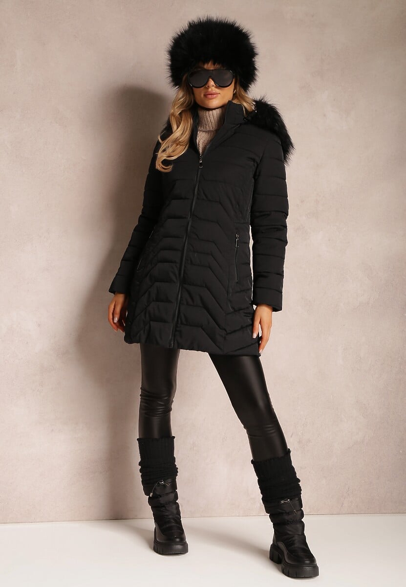 Czarna Kurtka Do Kolan z Kapturem i Pikowaniem Blabe