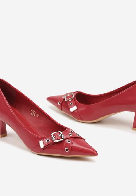 Czerwone Czółenka na Szpilce Kaczuszce z Ozdobnymi Paskami Nevrosa