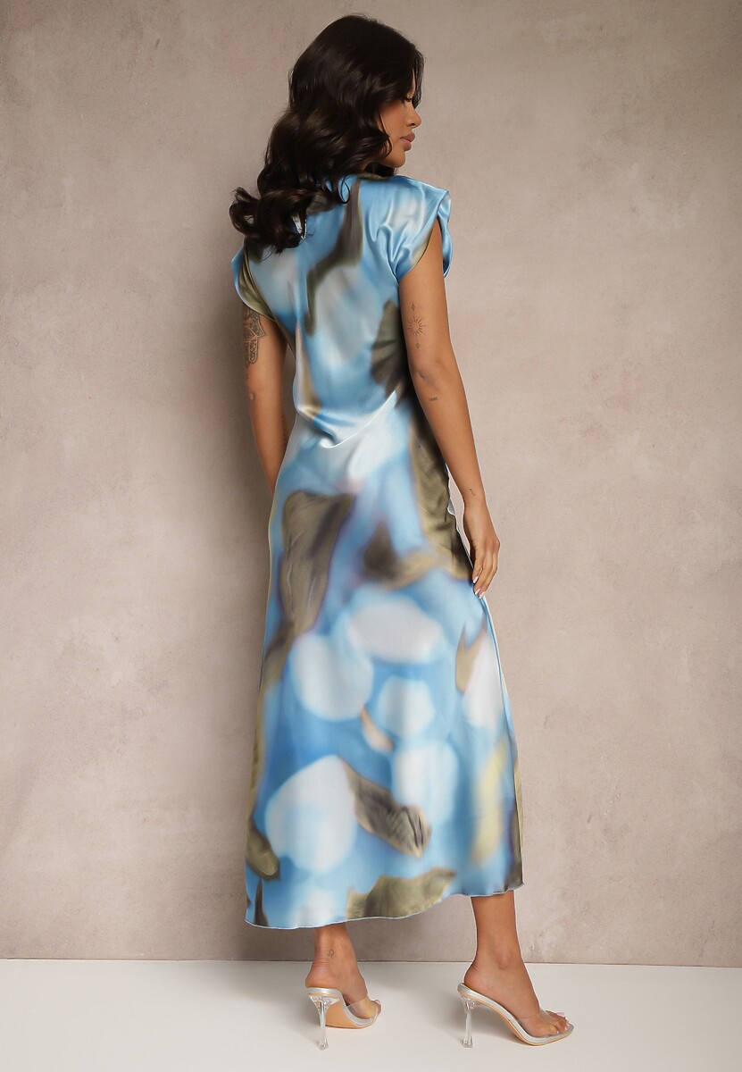 Niebieska Sukienka o Rozkloszowanym Kroju z Marszczeniem w Abstrakcyjny Print Tilloreta