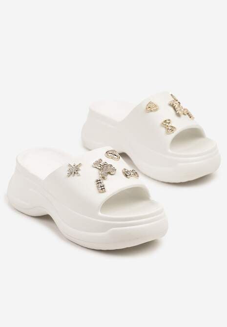 Białe Klapki na Grubej Podeszwie z Cyrkoniami Islia