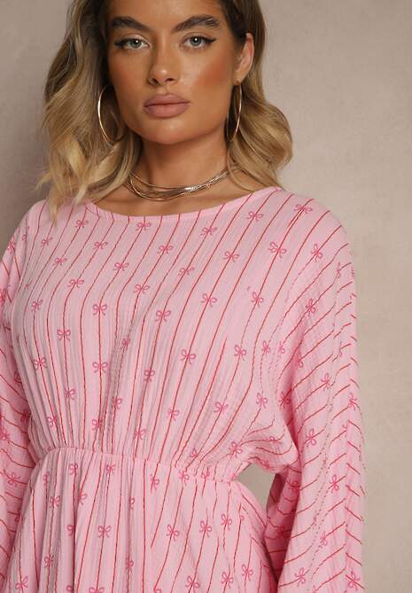 Fuksjowa Sukienka z Bawełny ze Wzorem Kokardek i Pasków Avelriti