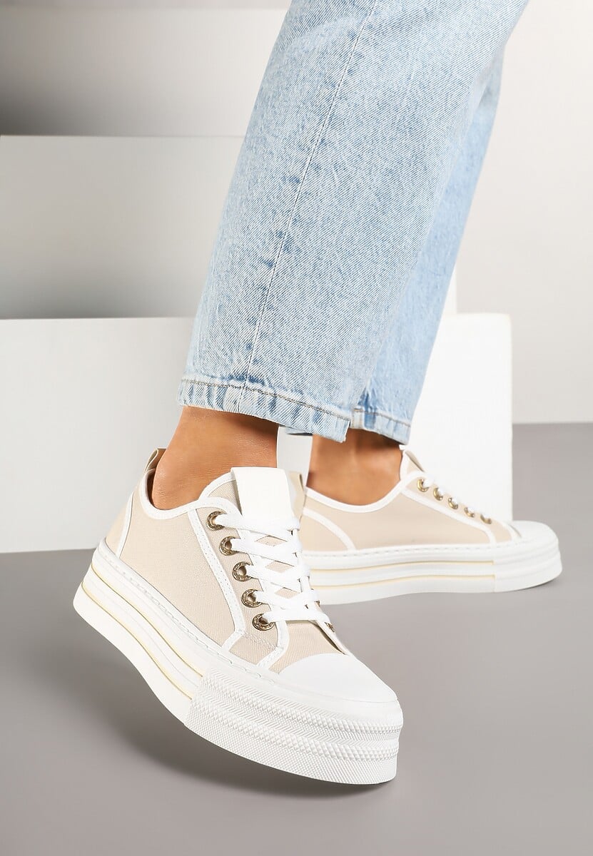 Beżowe Trampki na Niskiej Platformie Ozdobione Cyrkoniami Felelith