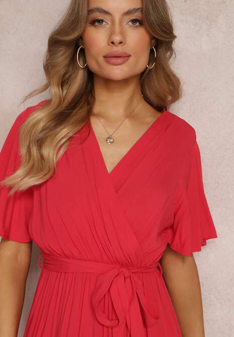 Czerwona Rozkloszowana Sukienka z Falbanką i Wiązanym Paskiem Adotine