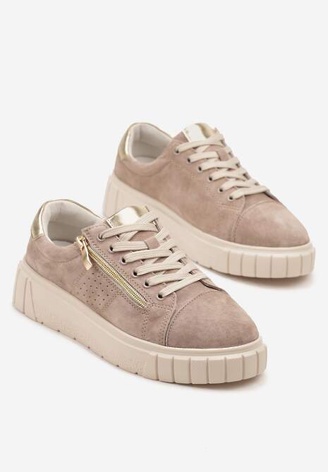 Beżowe Sneakersy Skórzane na Platformie z Ozdobnym Suwakiem i Perforacją Niliria