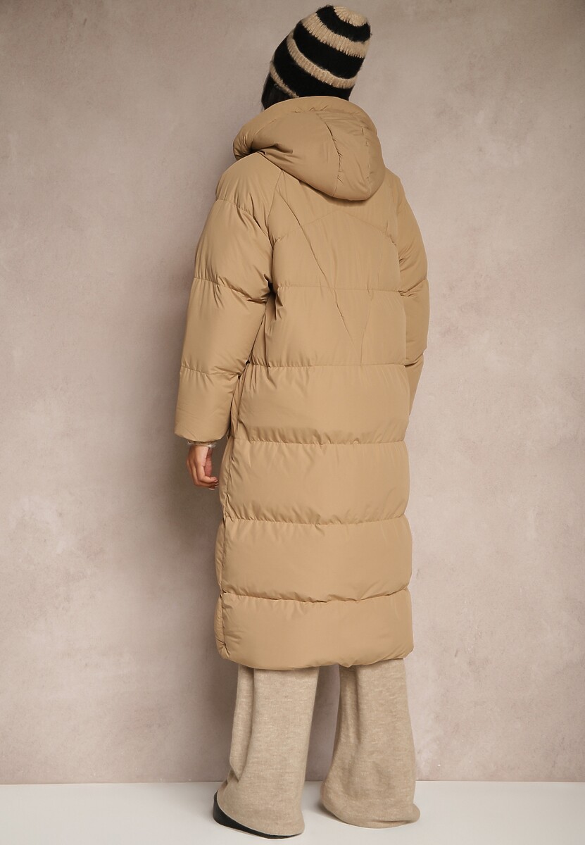 Ciemnobeżowa Długa Kurtka Pikowana Płaszcz z Kapturem Serea