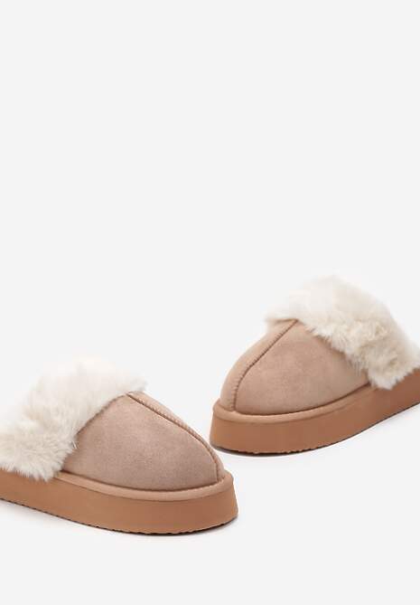 Ciemnobeżowe Kapcie z Imitacji Zamszu na Platformie z Futerkiem i Pionowym Przeszyciem Silvara