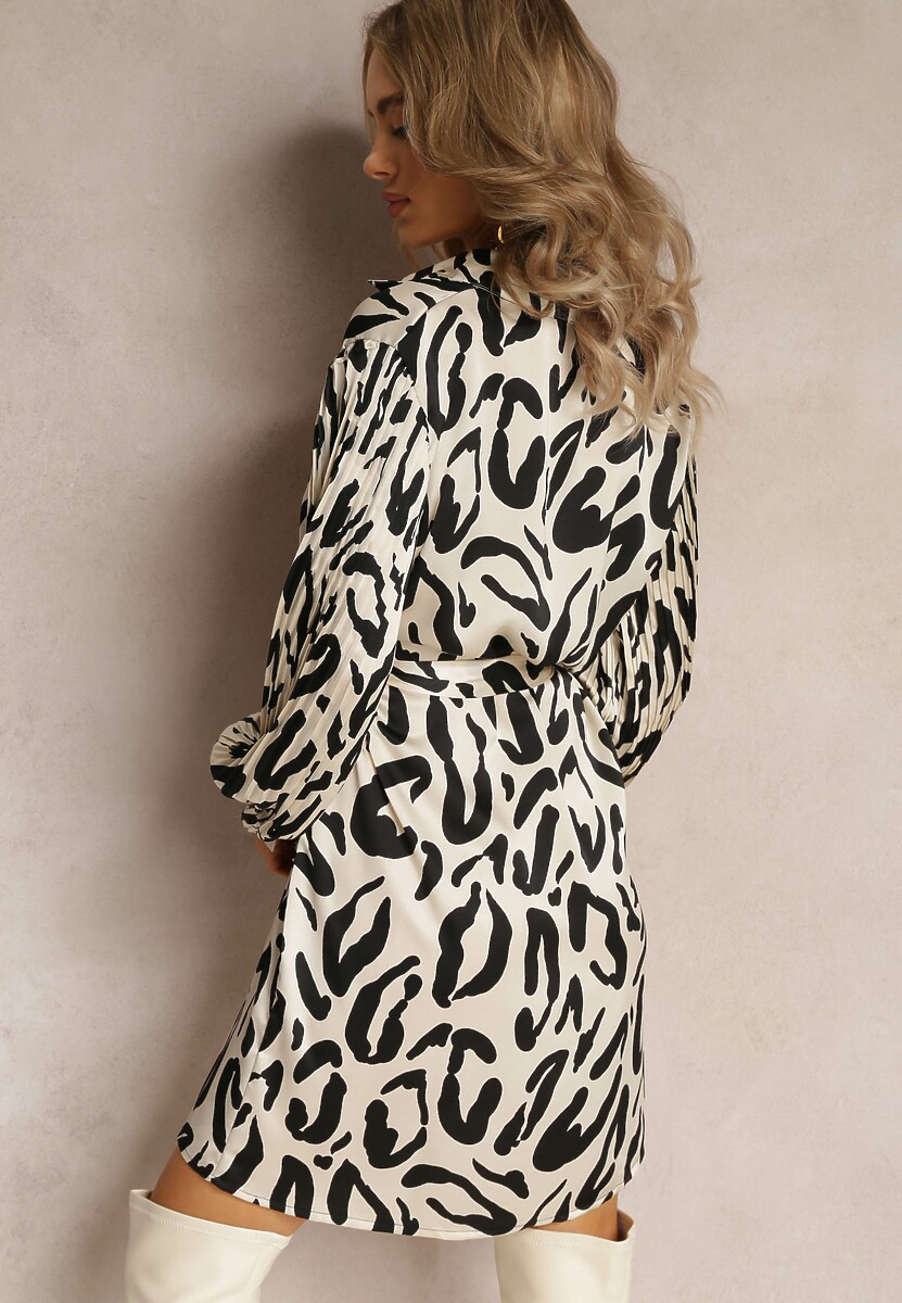 Beżowa Koszulowa Sukienka z Plisowanymi Wstawkami i Materiałowym Paskiem Lizza