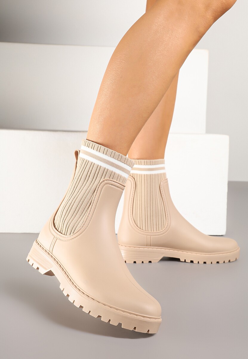 Beżowe Kalosze z Prążkowaną Skarpetkową Cholewką Lanavessa