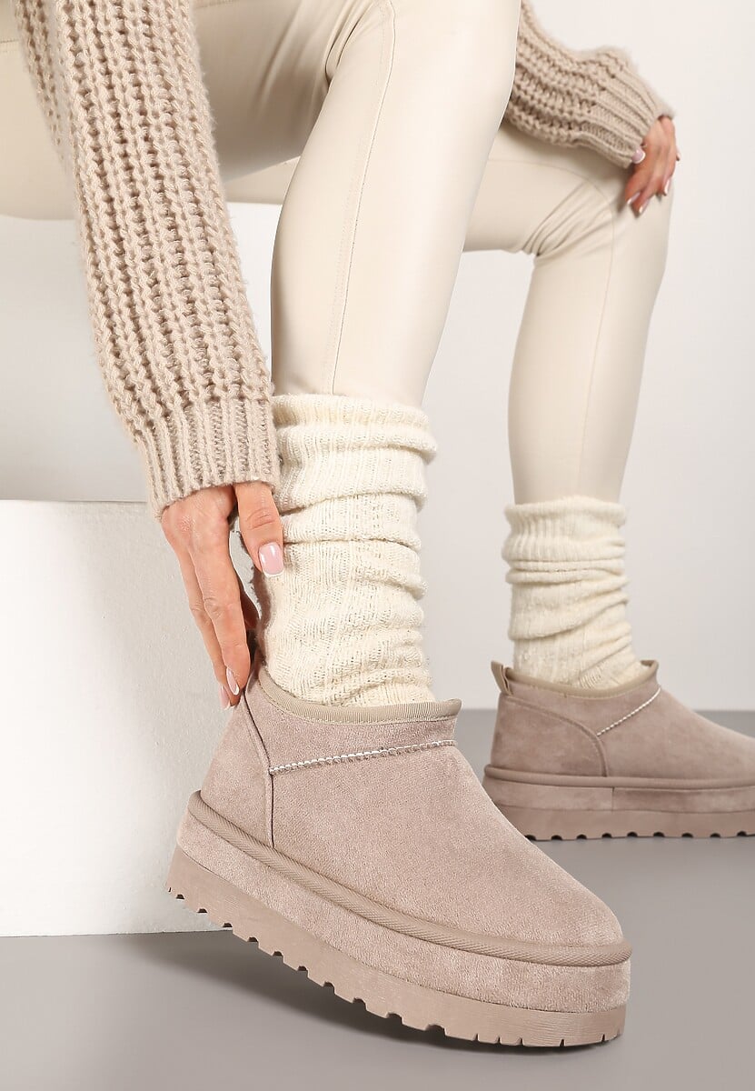 Jasnobeżowe Krótkie Śniegowce Vices z Ozdobną Lamówką Olfedi