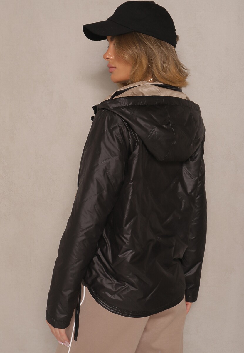 Czarna Kurtka z Pikowanymi Przeszyciami i Kapturem Ściągana po Bokach Nusillian