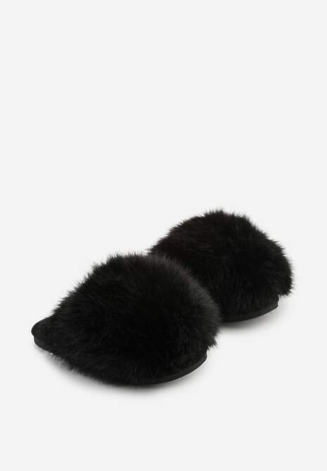 Czarne Miękkie Kapcie Ozdobione Długim Włosiem Cendria