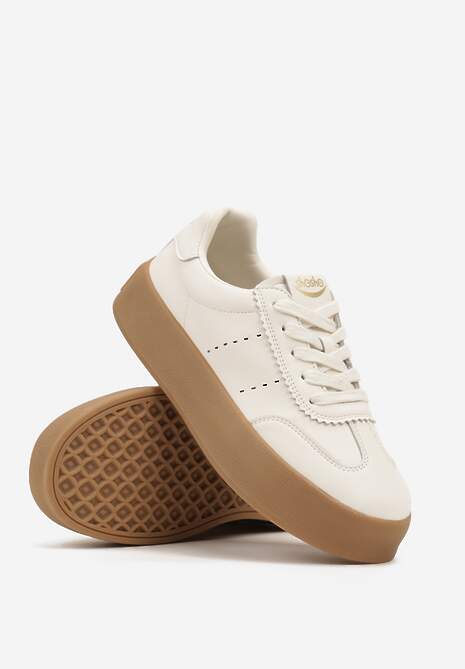 Beżowe Sneakersy na Platformie Ozdobione Perforacją Haladina