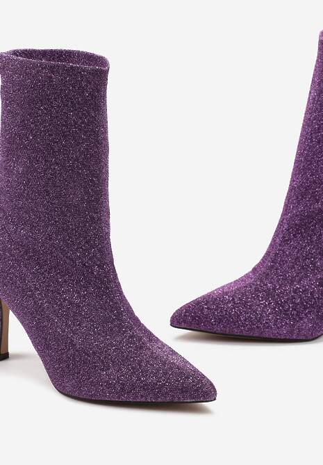 Fioletowe Skarpetkowe Botki na Szpilce z Elastycznego Materiału z Brokatowym Połyskiem Sulcia
