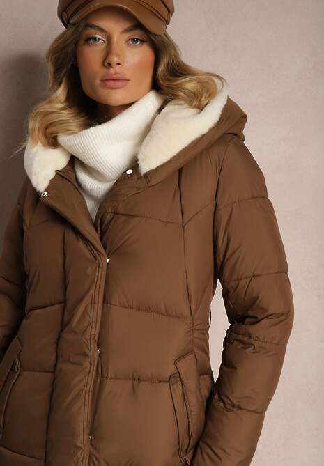 Brązowa Długa Kurtka Pikowana z Kapturem Wiązana w Pasie Neanethra