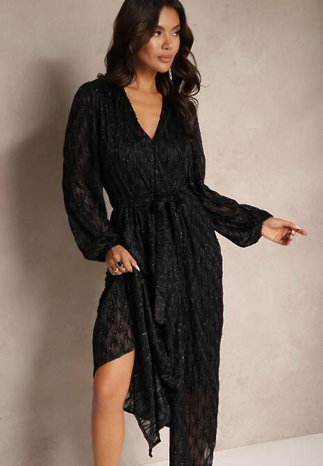 Czarna Kopertowa Sukienka Zdobiona Połyskującą Nicią Wiązana w Pasie Ocevra