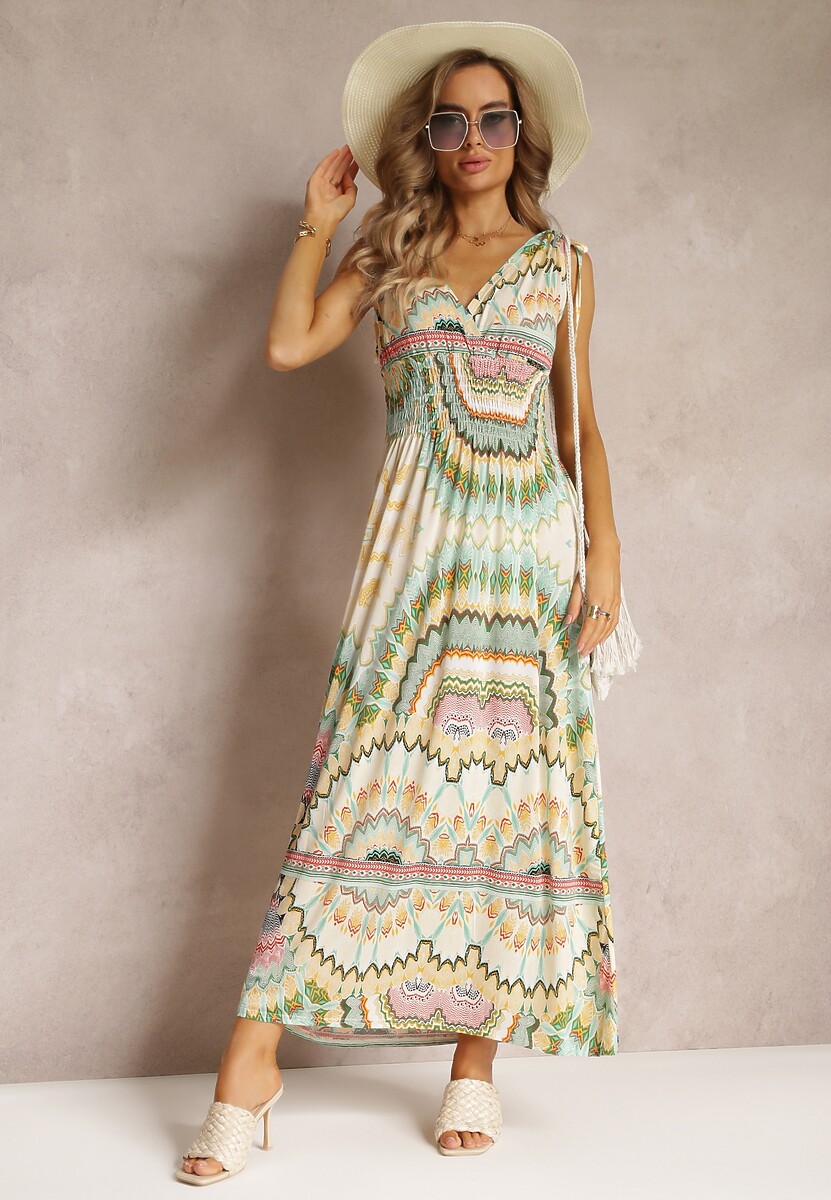 Zielona Sukienka z Wiskozy ze Wzorem Tie Dye z Gumką w Talii Brisea